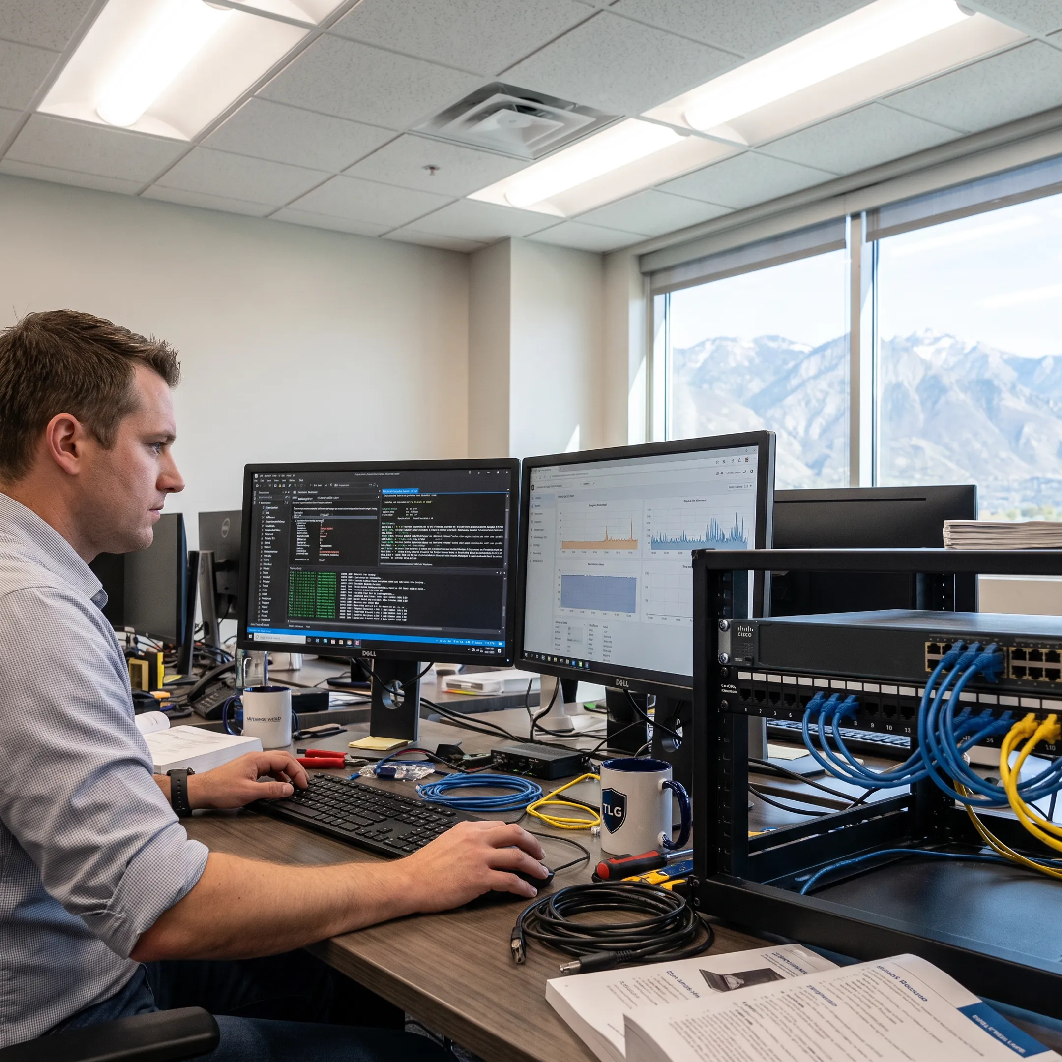 IT professional troubleshooting an office workstation