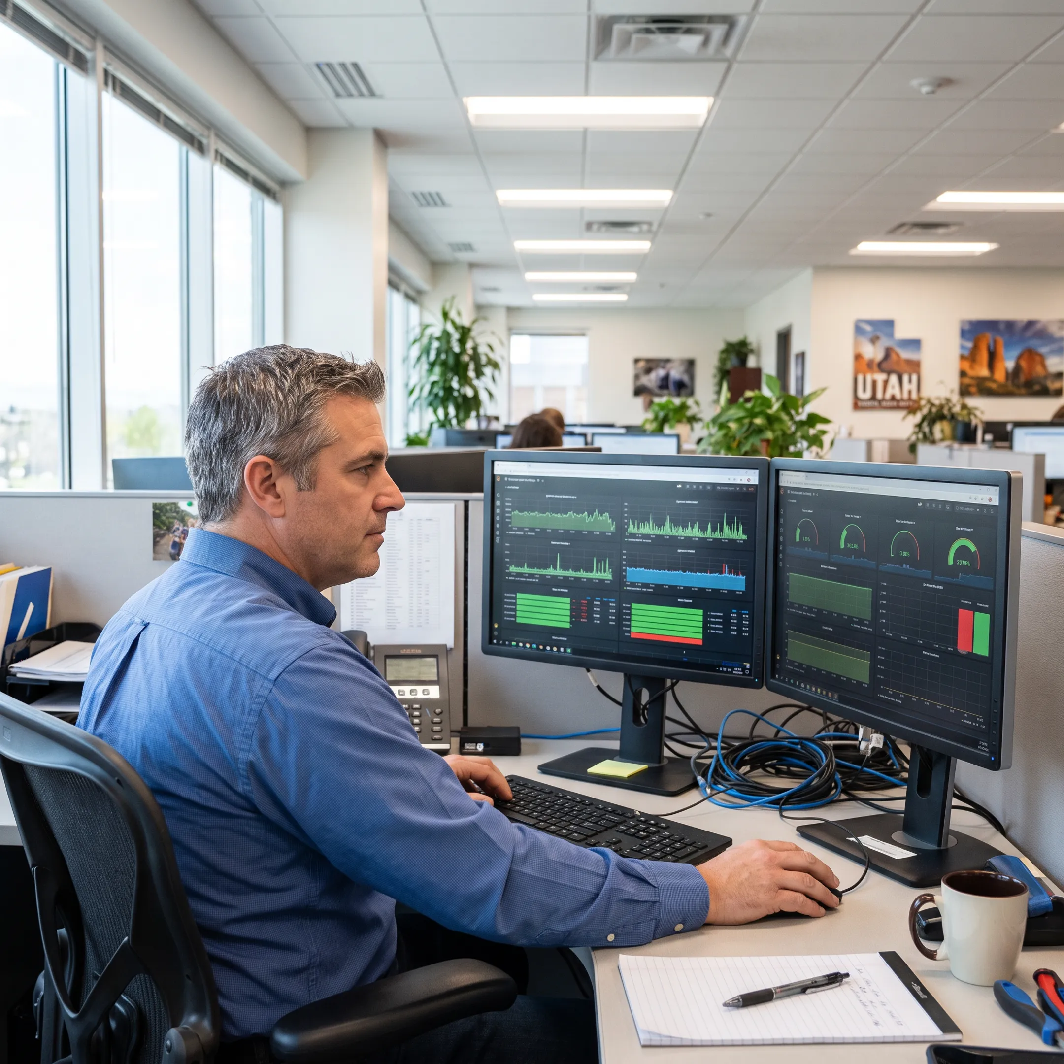 Technician reviewing business computer systems