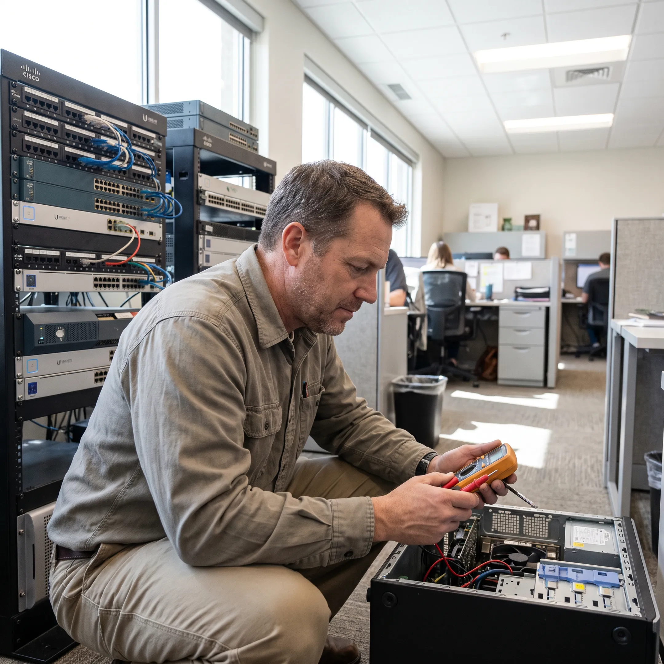 IT technician repairing a business computer