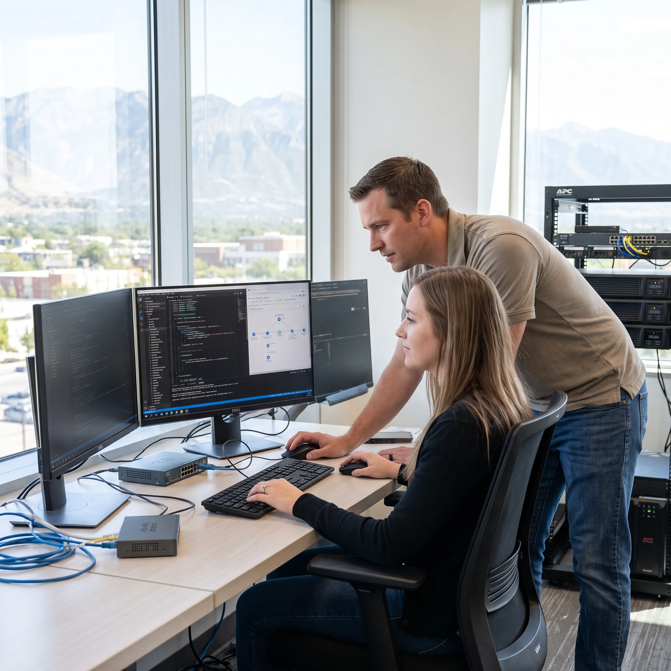 Technician providing computer support in an office
