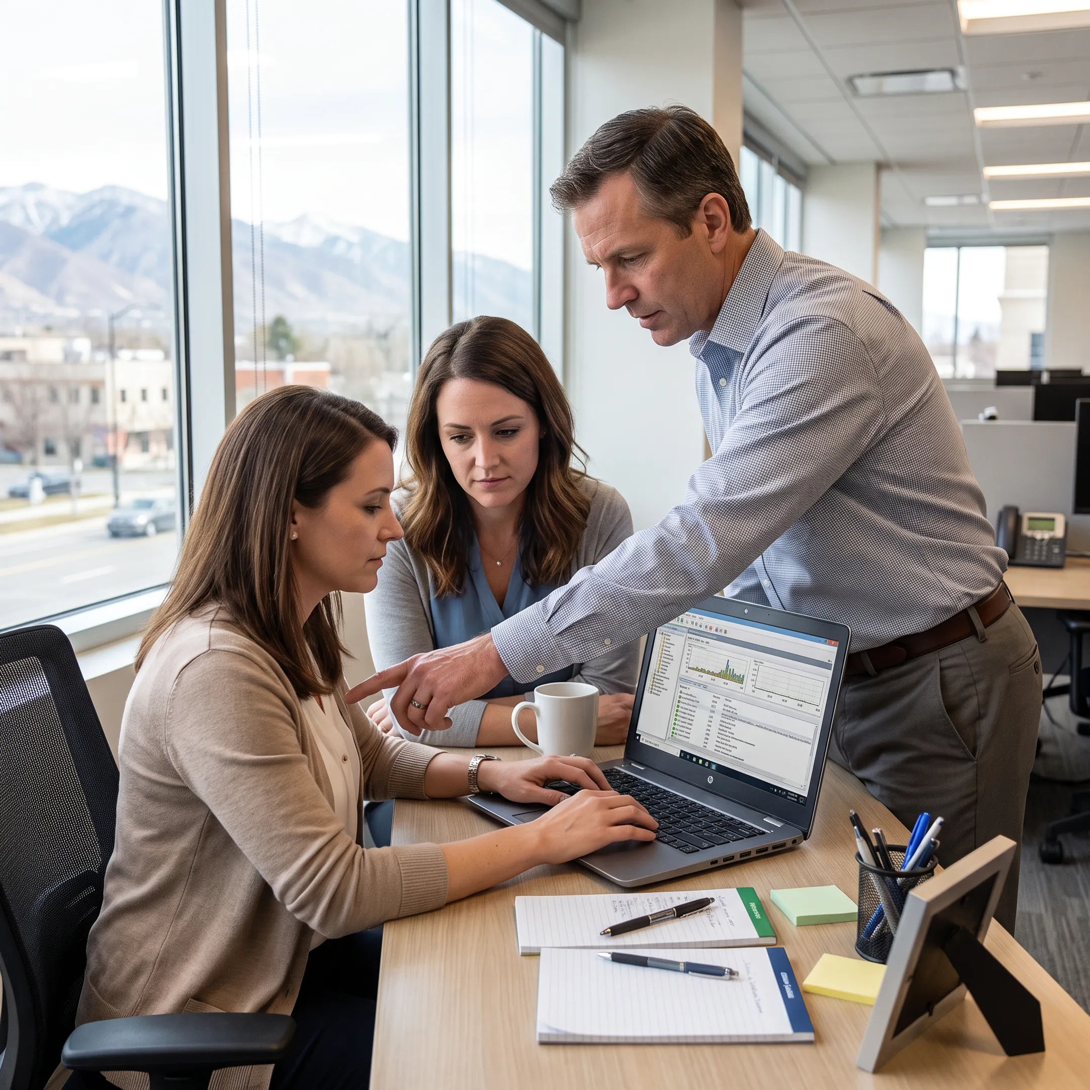 Technician assisting a business user with computer support