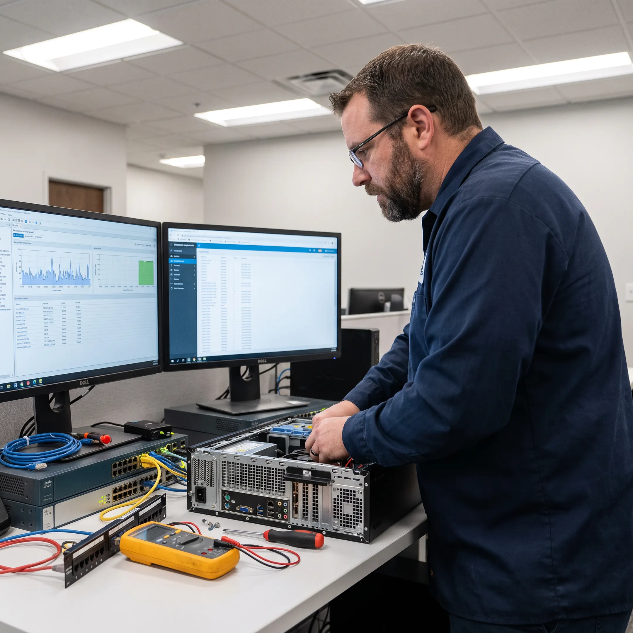 IT technician repairing a business desktop computer