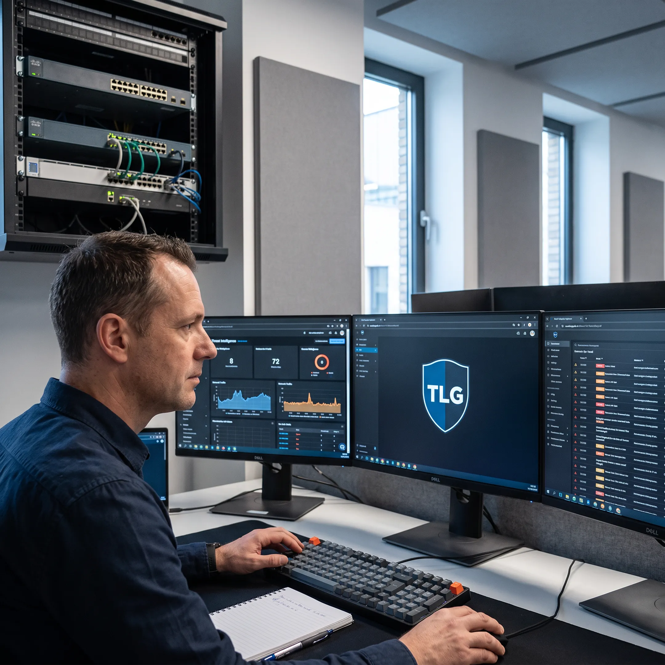 IT professional monitoring business cybersecurity systems