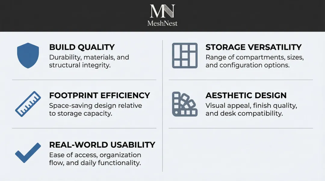 Five desk organizer evaluation criteria comparison infographic for buyers