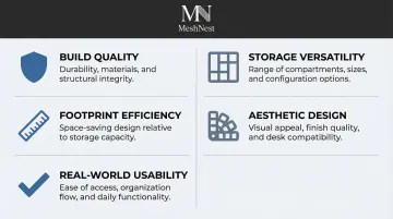 Five desk organizer evaluation criteria comparison infographic for buyers