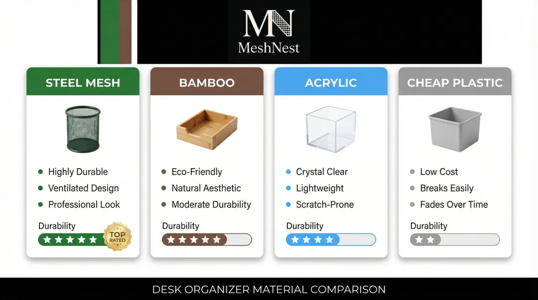 Four desk organizer materials compared steel mesh bamboo acrylic and plastic