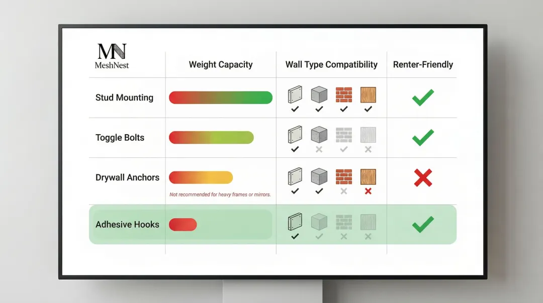 Wall mounting method comparison chart weight capacity renter-friendliness and wall type suitability