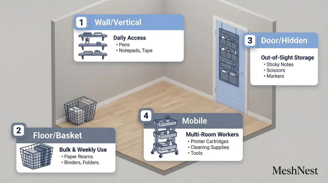Four desk-free office storage zones wall floor door and mobile explained