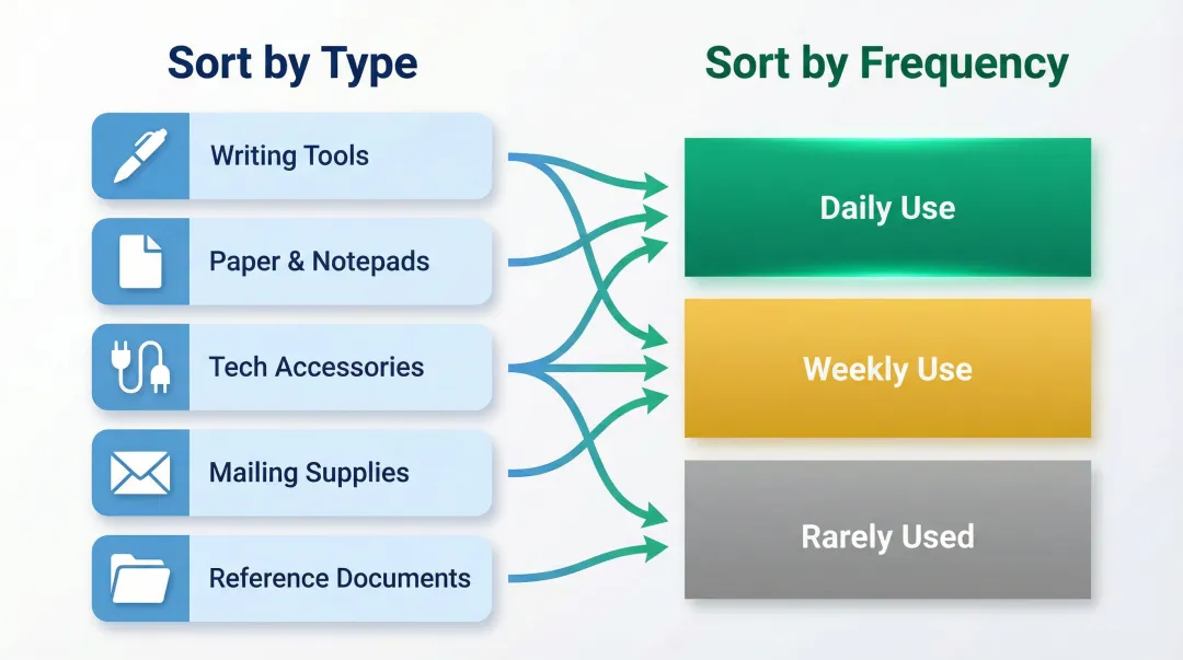 Dual categorization method sorting office supplies by type and frequency of use