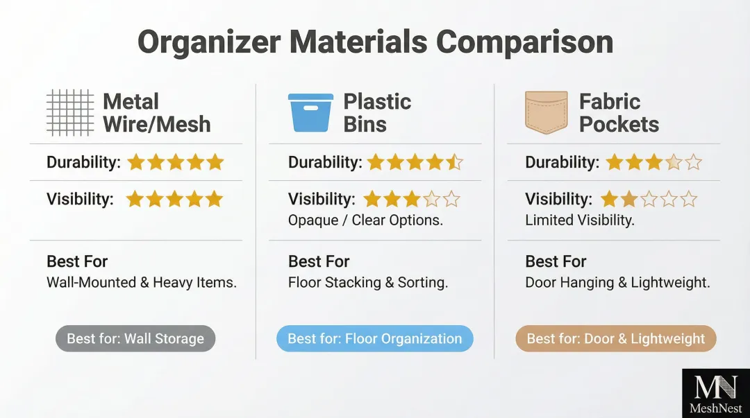Office organizer material comparison chart metal mesh plastic bins and fabric pockets