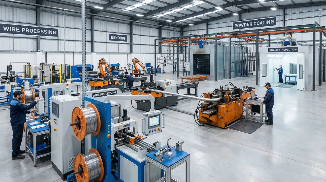 OEM custom metal desk organizer production line showing powder coating and quality control