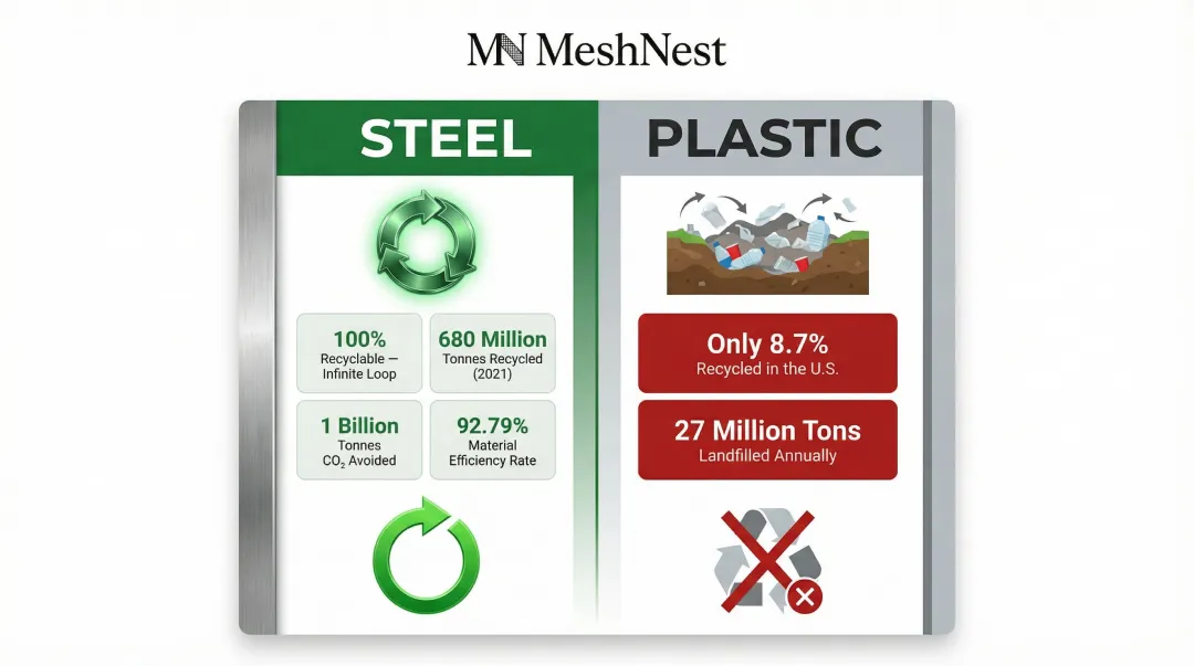 Steel versus plastic recyclability comparison infographic with global recycling statistics