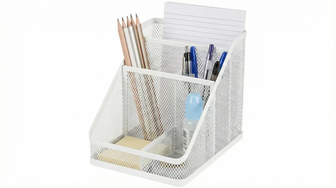 Wire mesh multi-compartment desktop organizer with visible office supplies storage
