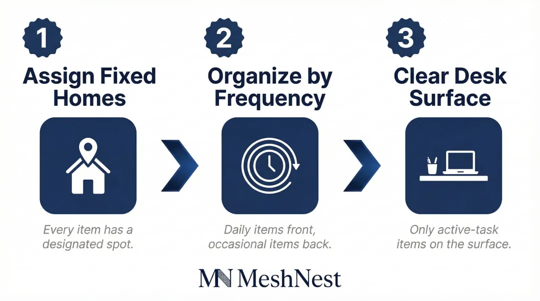 Three-step desk organization system for maximum productivity and workflow efficiency