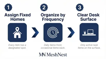 Three-step desk organization system for maximum productivity and workflow efficiency