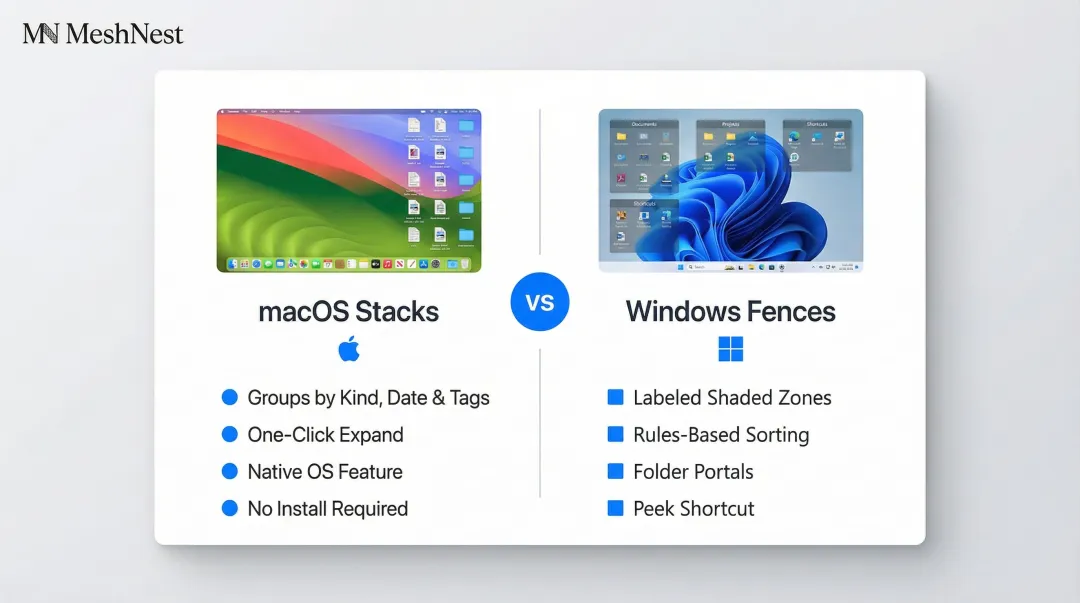macOS Stacks versus Windows Fences desktop auto-grouping tools side-by-side comparison
