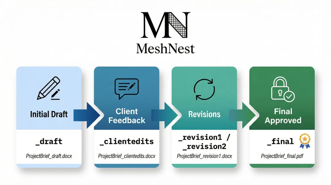 File version naming convention progression from draft to final document infographic