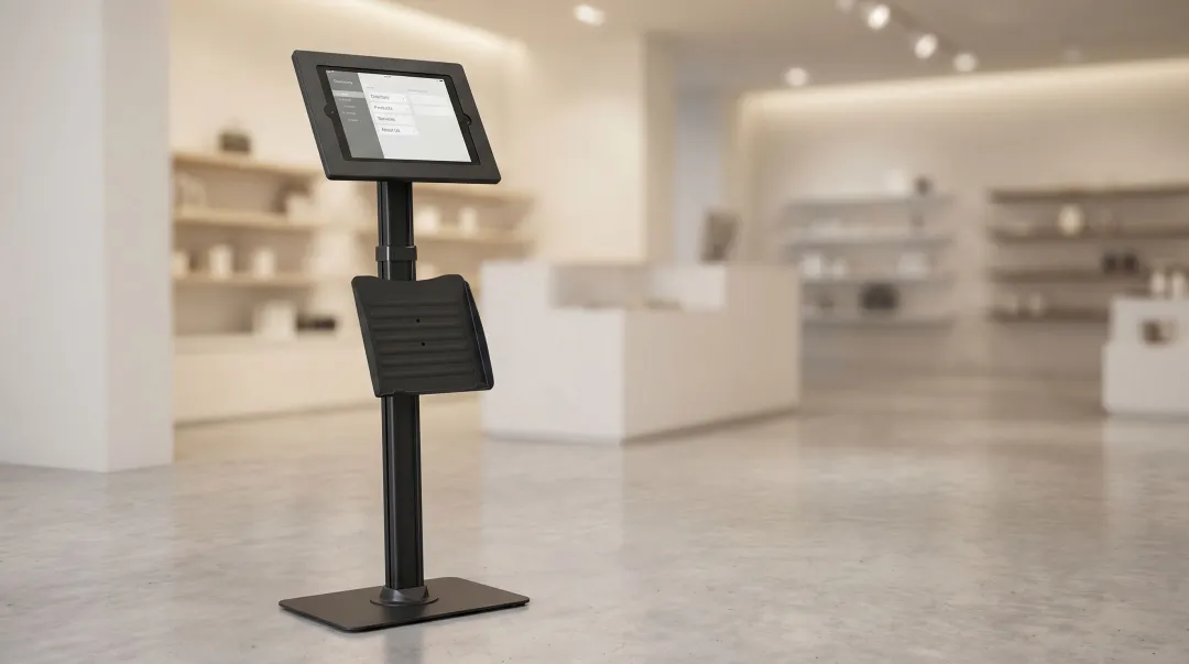 iPad tablet floor stand kiosk with anti-theft lock in retail POS setting
