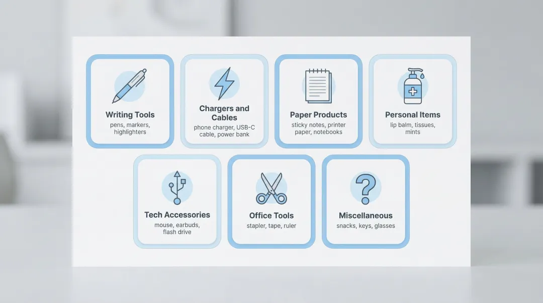 7-category desk drawer sorting system organized by item type