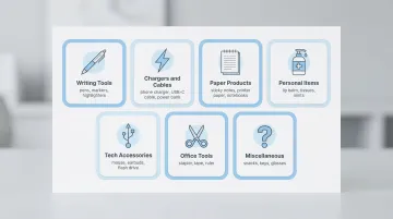 7-category desk drawer sorting system organized by item type