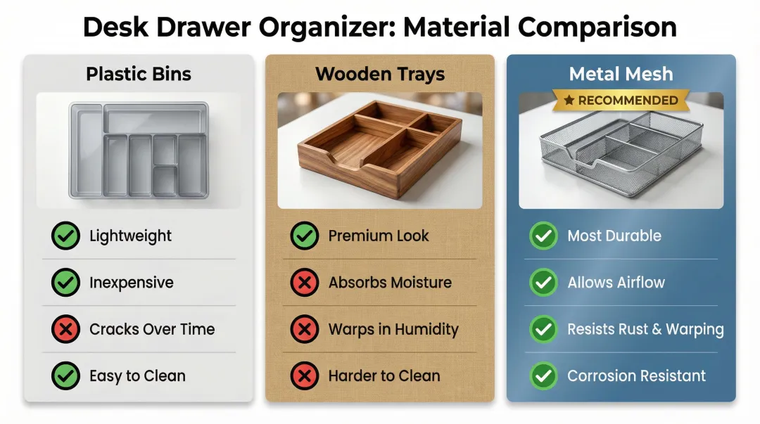 Plastic versus wood versus metal mesh desk organizer materials comparison chart