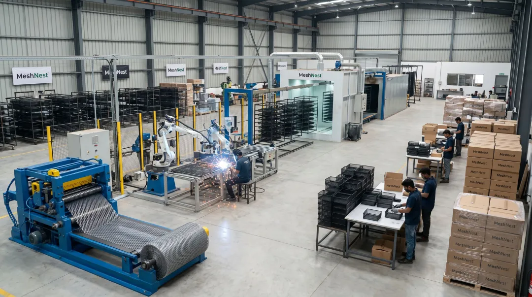 MeshNest metal mesh pen holder production facility showing in-house wire processing and packaging