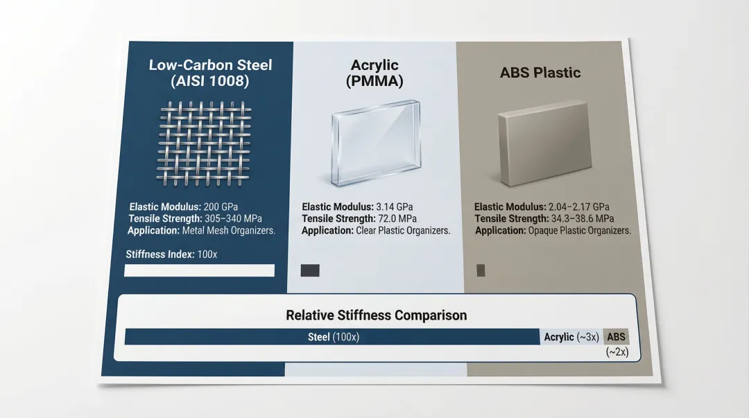 Steel mesh versus acrylic versus ABS plastic desk organizer material comparison chart