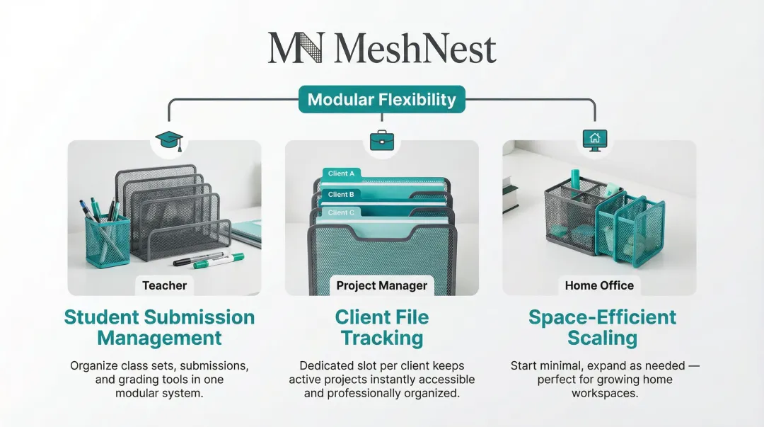 Three role-specific modular mesh desk organizer configurations for different workplace scenarios