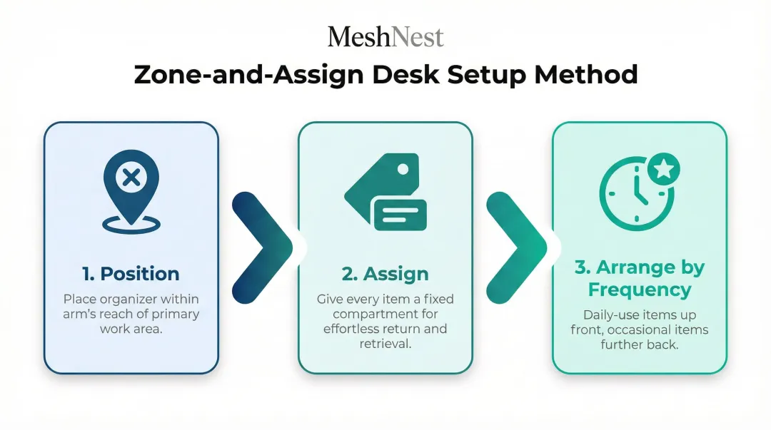 Three-step zone and assign desk organization method for maximum productivity workflow