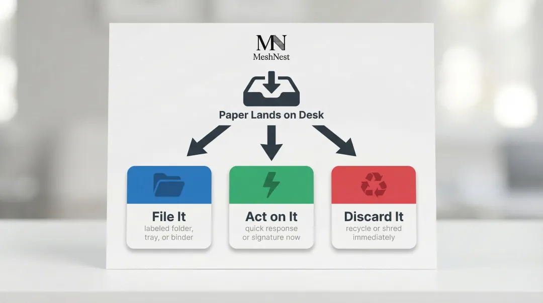 Three-action paper management rule file act discard desk system flowchart