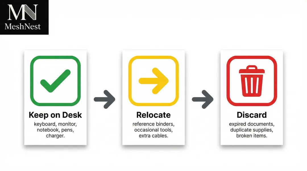 Three-category desk declutter sort system keep relocate discard infographic