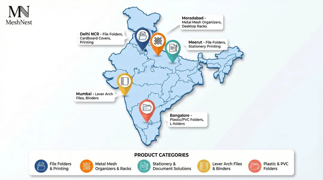 India file folder manufacturing regional hubs map with product specializations