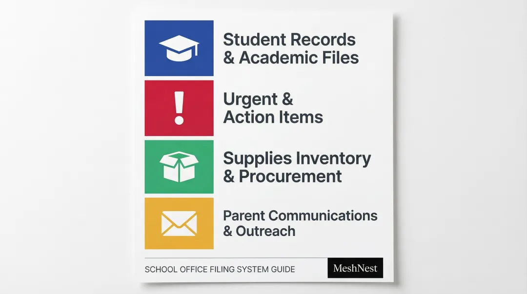Color-coded school office filing system categories by document type