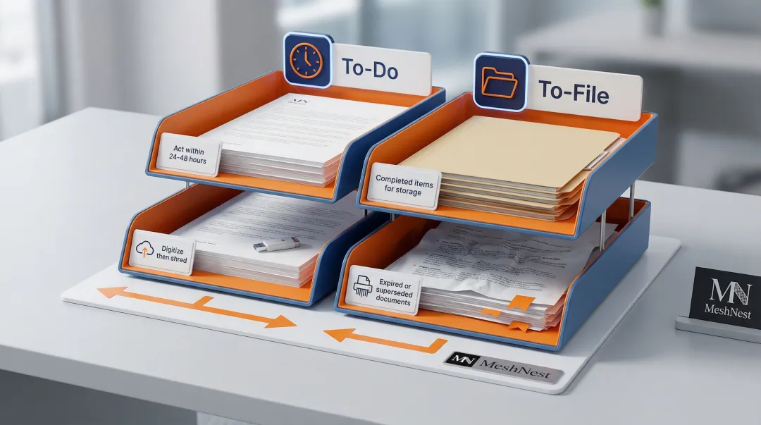 Four-tray paper triage system workflow for school office paperwork management