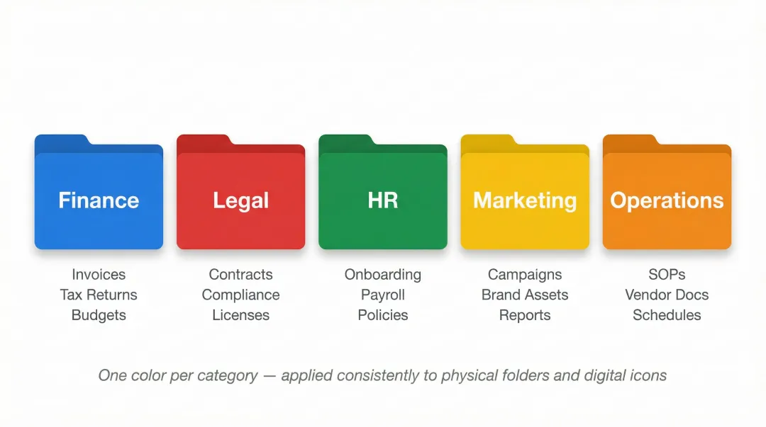 File category color-coding system by department finance legal HR marketing