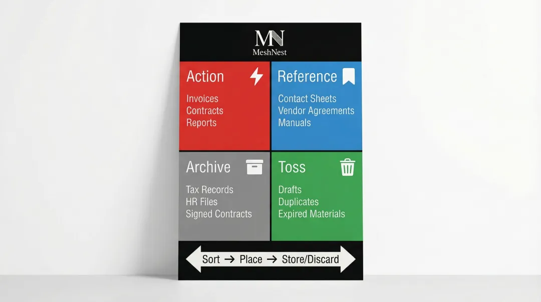 Four-pile document sorting method action archive reference toss process flow