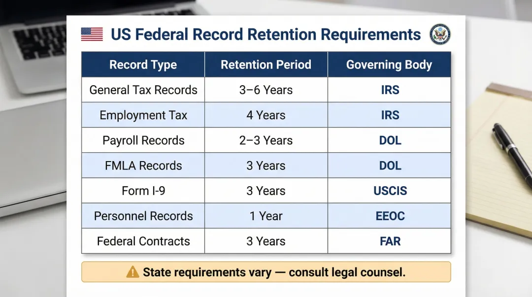 US federal document retention schedule by record type and governing agency