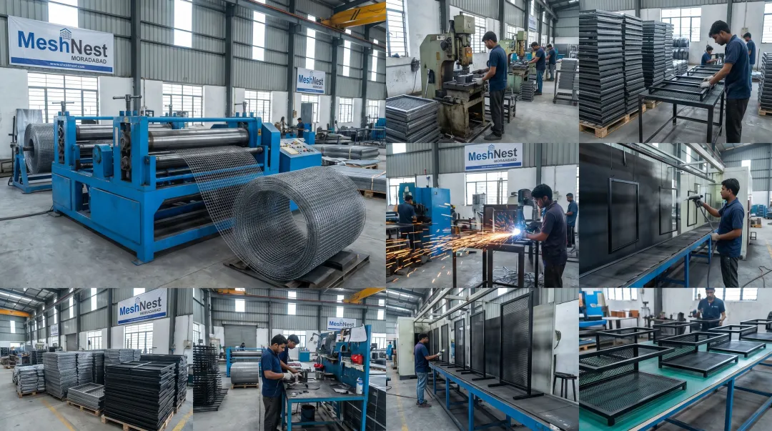 MeshNest factory floor showing metal mesh monitor stand production and powder coating