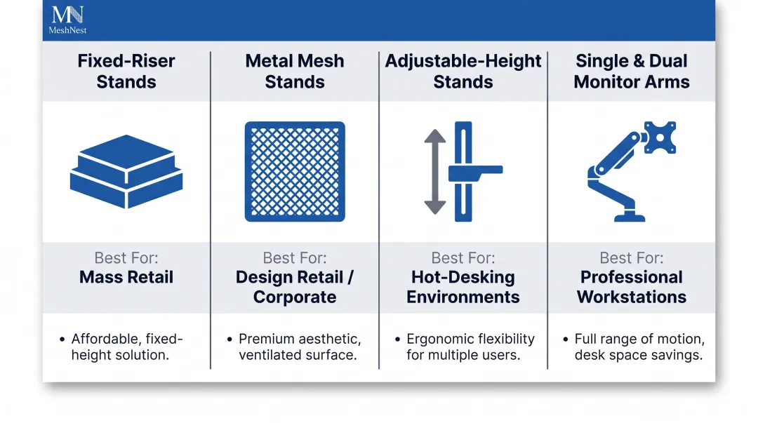 Four monitor stand product types bulk B2B buyers comparison chart infographic