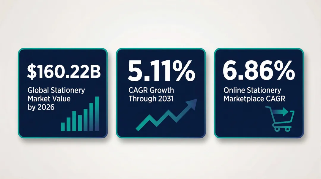 Global stationery market growth statistics and CAGR projections infographic