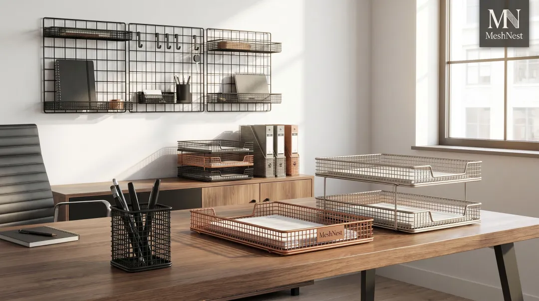 MeshNest wire mesh desk organizer trays product range and workspace storage solutions