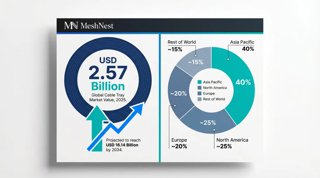 Global wire mesh cable tray market value and Asia Pacific share breakdown 2025