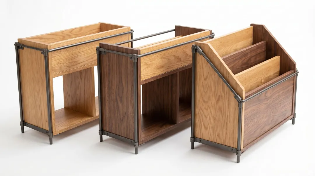 Wood and metal combination magazine holders displayed in wholesale product arrangement