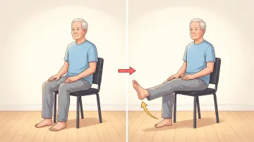 Senior woman performing seated leg lift exercise in chair Pilates class