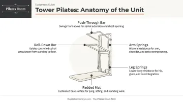 Tower Pilates apparatus anatomy with five spring attachments labeled and explained