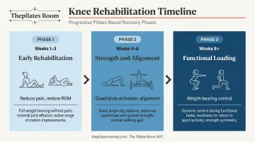 Three-phase Pilates knee rehabilitation timeline from weeks one through eight-plus