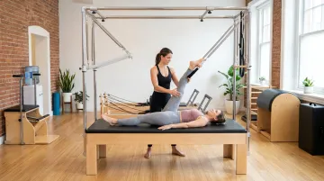 Pilates instructor guiding post-surgical hip replacement client on Cadillac apparatus