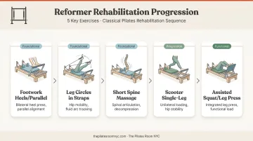 Reformer Pilates knee rehab exercise progression from foundational to functional movements