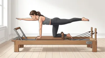 Person performing quadruped arm and leg extension exercise on Pilates Reformer carriage