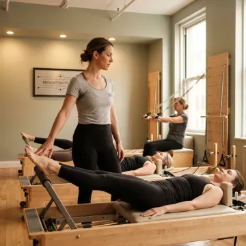 Instructor guiding a small Reformer Pilates class